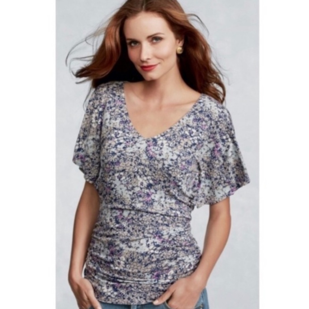 Cabi Women’s Top Size M Blue Purple Floral Ruched